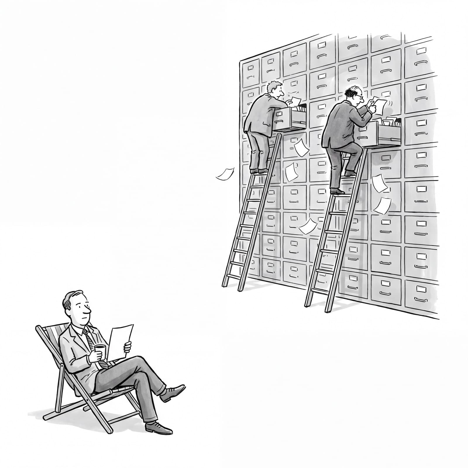 Dessin : deux hommes fouillent une immense armoire à dossiers du haut d'une échelle pendant qu'un troisième lit une seule feuille, assis dans un transat.